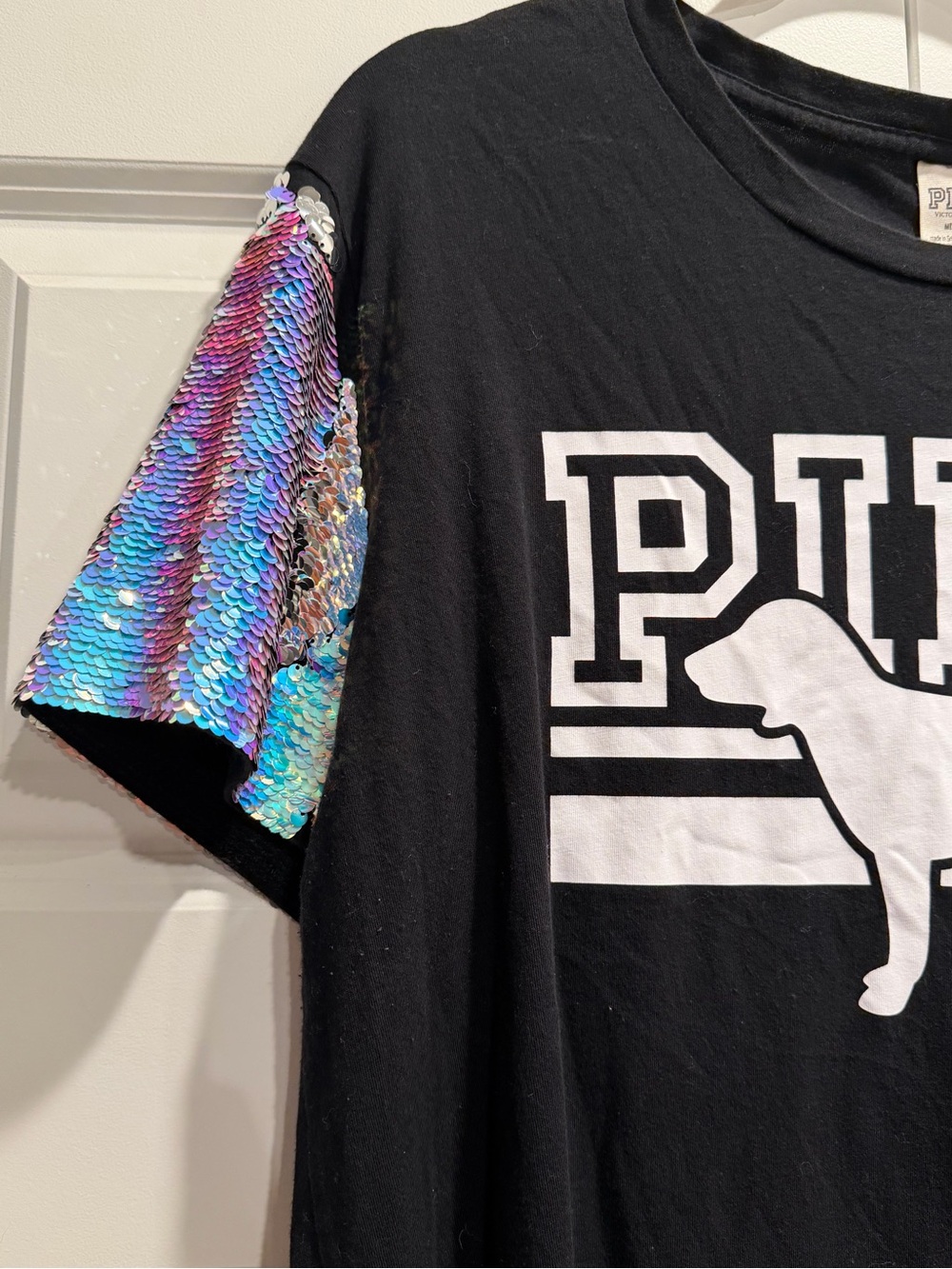 PINK Victoria's Secret Black Tee with Iridescent Sequin Sleeve